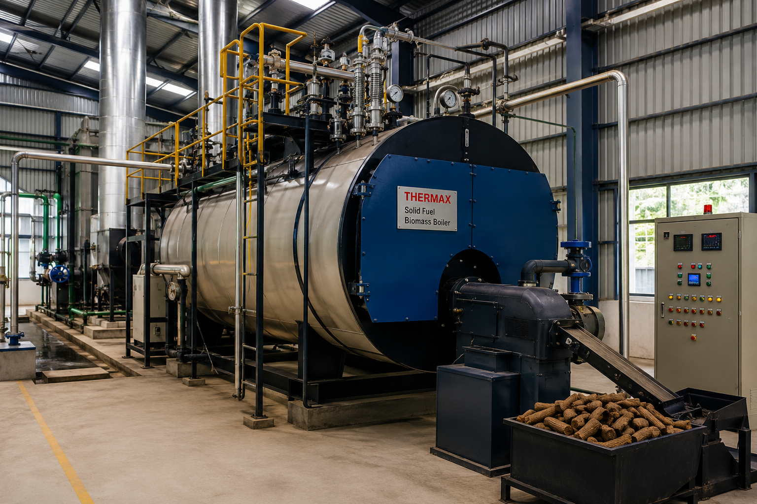 Industrial biomass boiler in a manufacturing facility with steam pipes and pressure gauges
